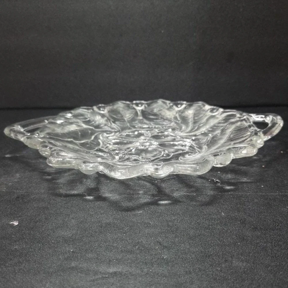 Indiana Glass Handled Serving‎ Tray, Vtg Embossed Wild Roses Design, Centerpiece
